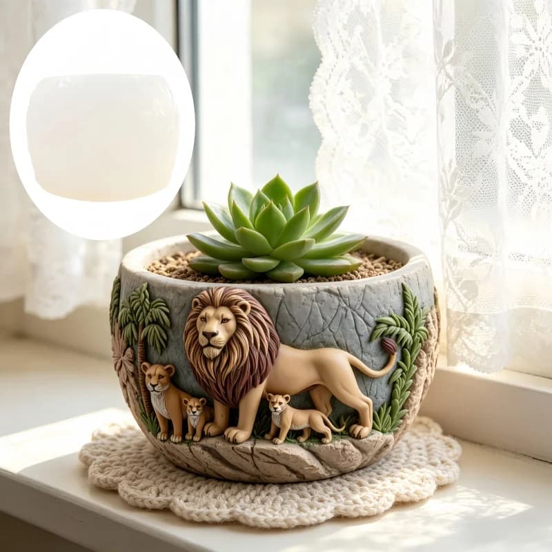 Stampo in silicone per resina a forma di vaso circolare con rilievo di leone per piante succulente, stampo in gesso per portacandele e contenitore a forma di famiglia di leoni