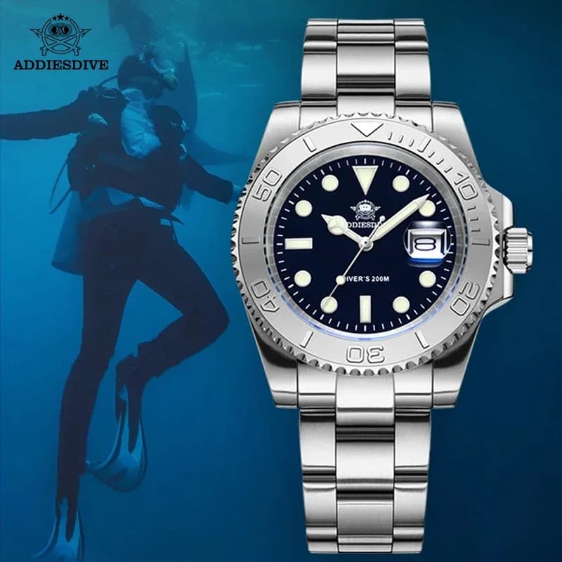 ADDIESDIVE Top Brand Quartz watch business stainless steel 200M Dive watches Super bright calendar men's wristwatch Reloj Hombre