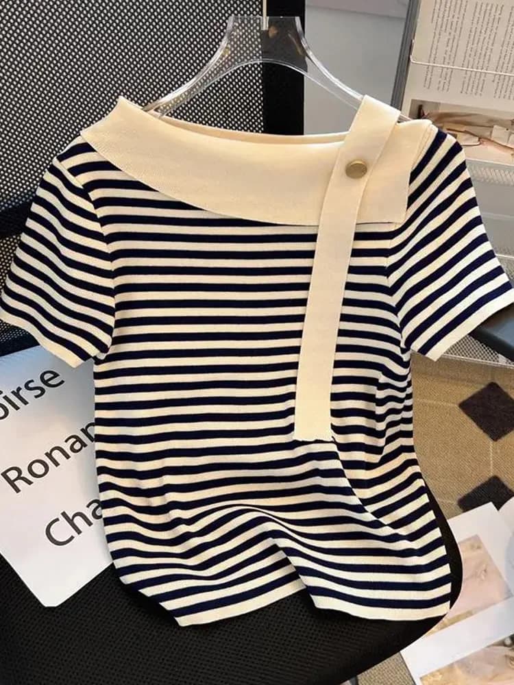 Estate sexy maglione donna maglia t-shirt top moda a righe elegante elegante chic magliette pullover manica corta maglioni 2024