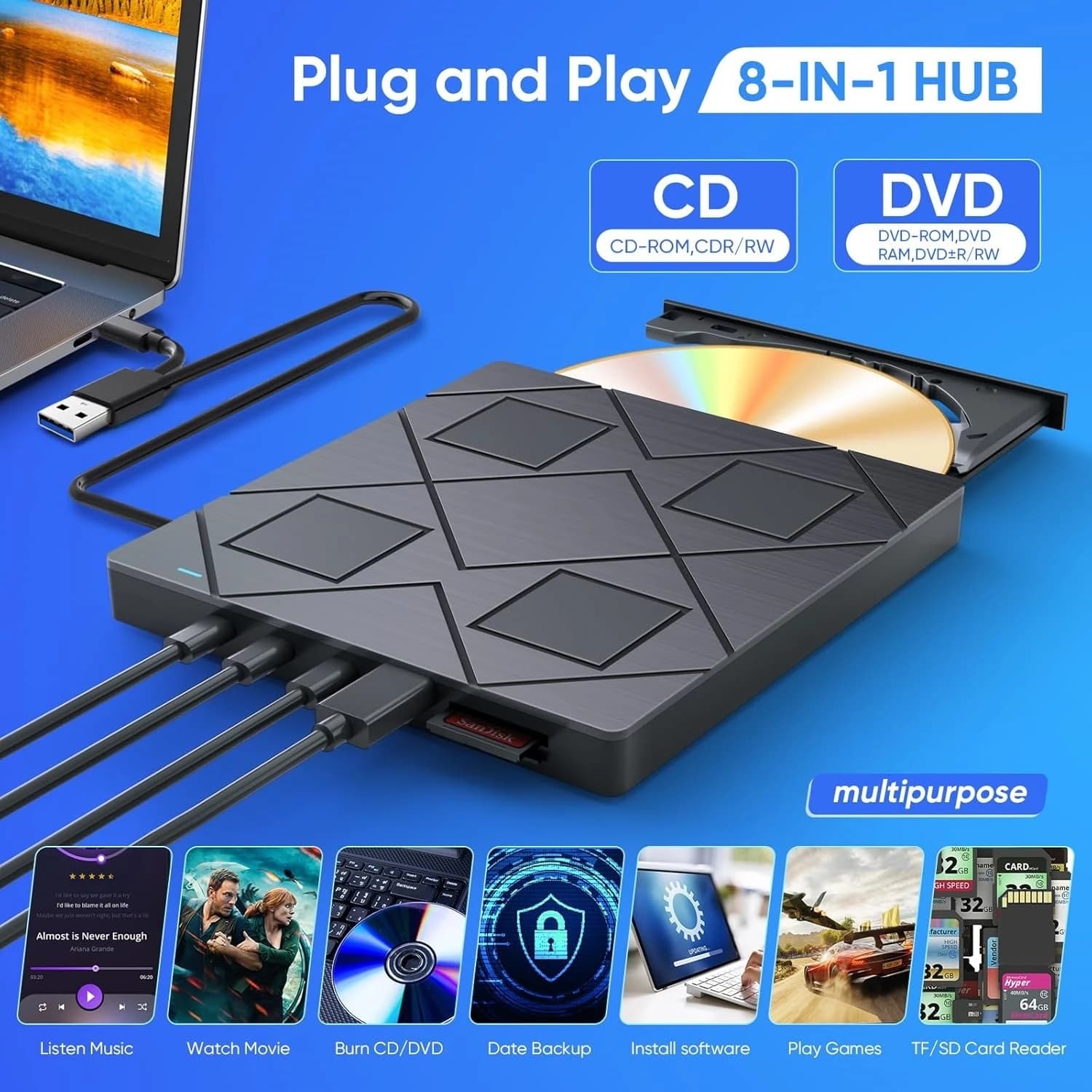 Unità CD/DVD esterna con 2 porte USB, 2 porte tipo C e slot per schede TF/SD Lettore masterizzatore CD DVD portatile per PC desktop portatile