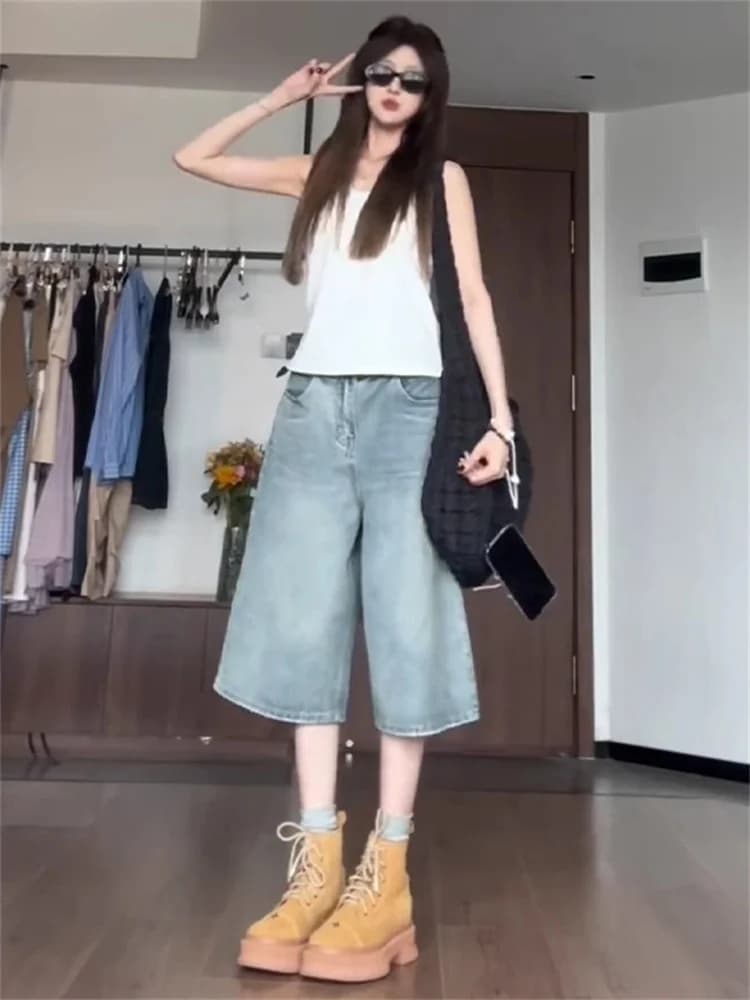 High Waist Wide Leg Jeans Shorts Women's Spring Thin Straight Loose Fit Slimming Versatile 7/8 Length Trendy Shorts