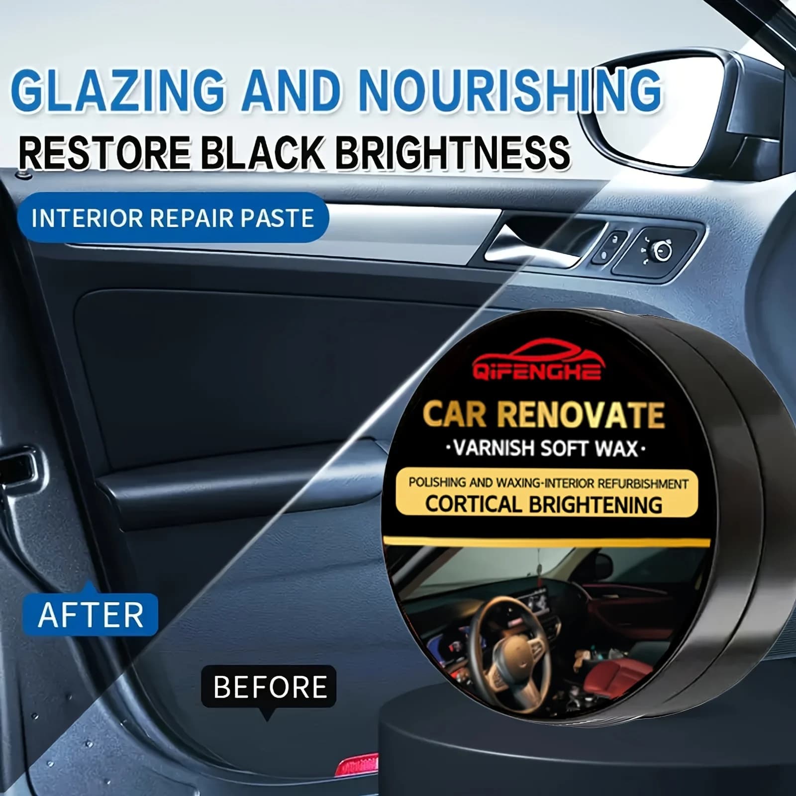 Kit Completo per il Restauro dell'Auto: Cera Nera per Interni, Condizionatore per Cruscotto, Plastica, Pneumatici e Sedili, Rinnovatore per Plastica Esterna