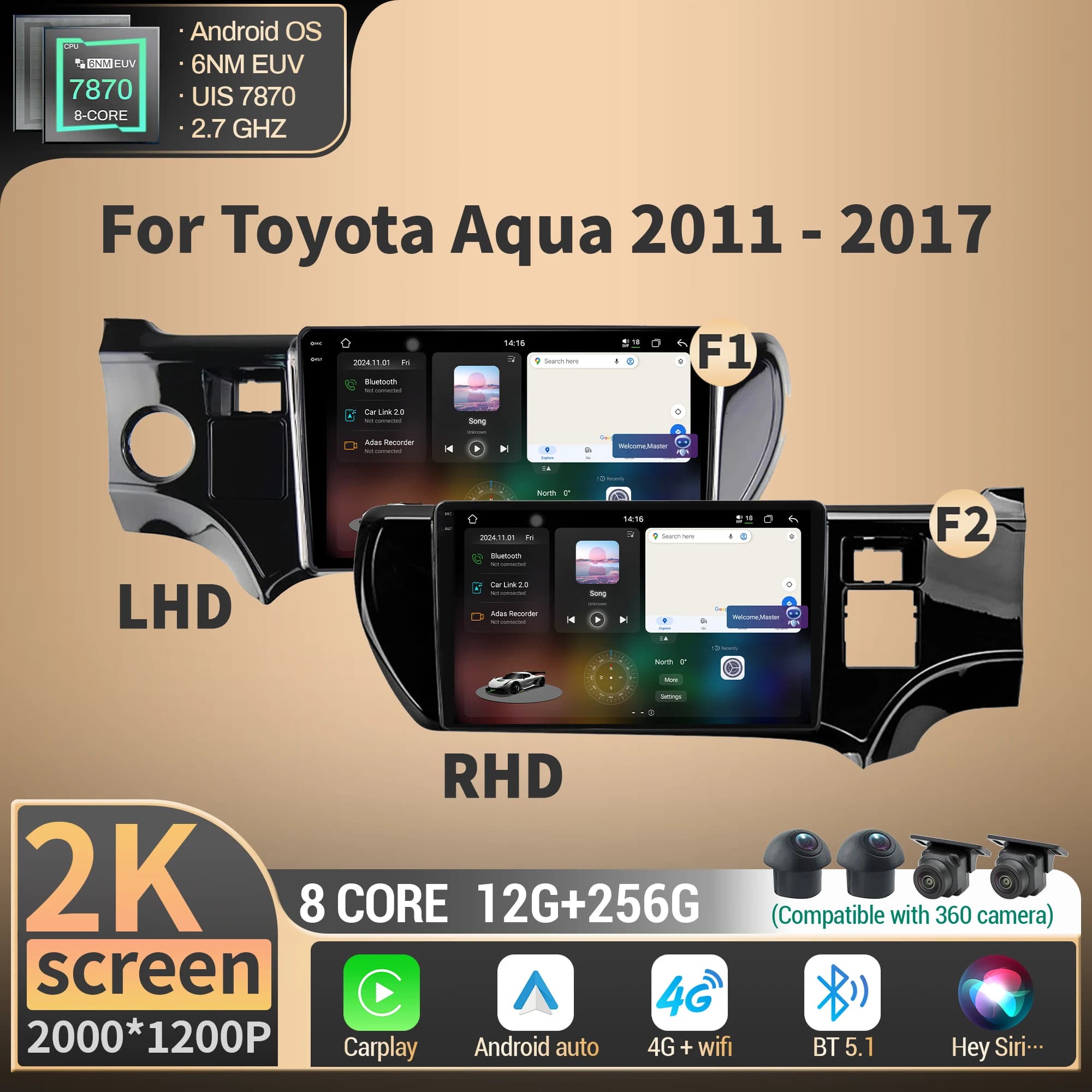 For Toyota Aqua 2011-2017 Car Radio Multimedia Player Navigation 7870 CarPlay Android 14 4G GPS Head Unit Screen
