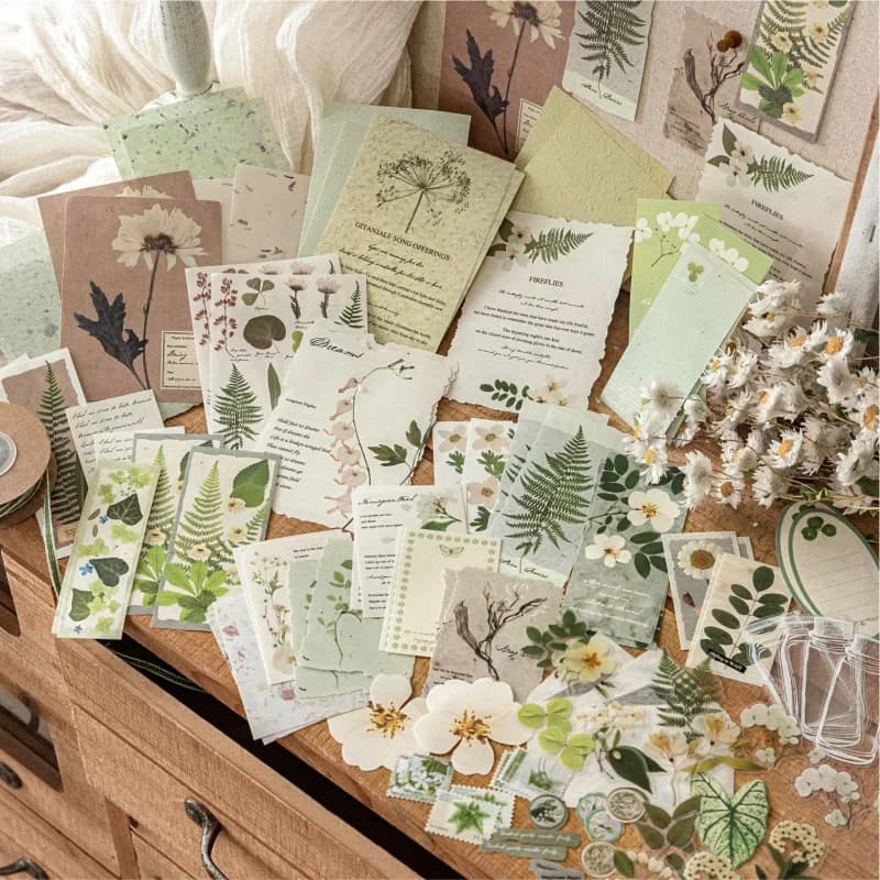 100 Sheets Dried Flower Themed Retro Paper & Sticker Set, Floral Prints for Journal Scrapbook DIY