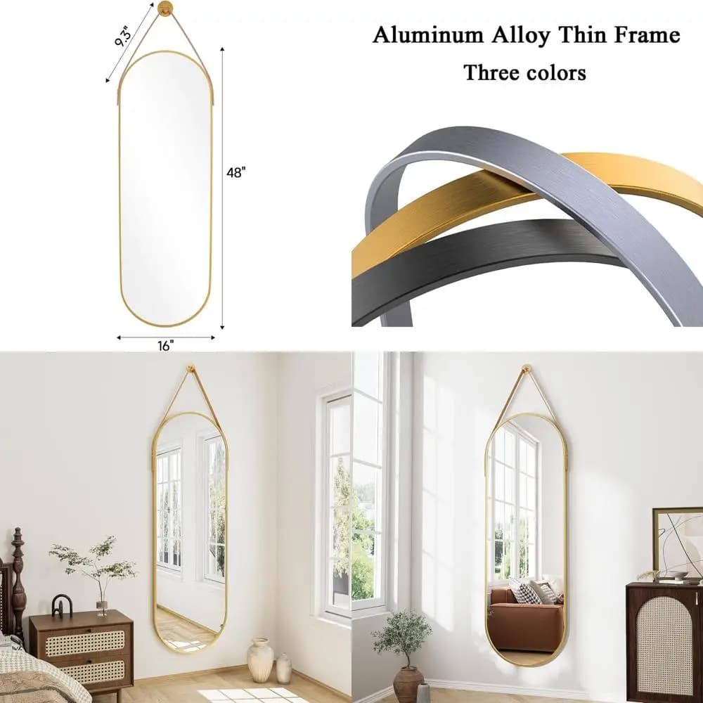 Specchio Ovale da Parete Dorato, 48x16, con Cinghia in Pelle per Ingresso, Soggiorno o Bagno