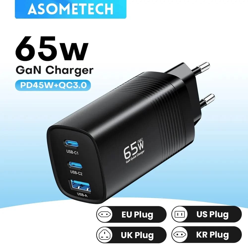 ASOMETECH GaN USB Charger Type C 65W 45W PPS PD QC4.0 Quick Charger for MacBook Laptop IPAD Tablet iPhone 16 Samsung S23 Ultra