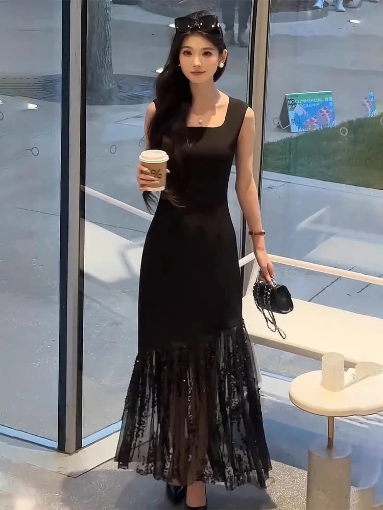 Elegante Abito Lungo Estivo da Donna con Pizzo e Scollo all'Americana, Stile Sirena, Leggero e Lussuoso, Nuova Collezione Trendy