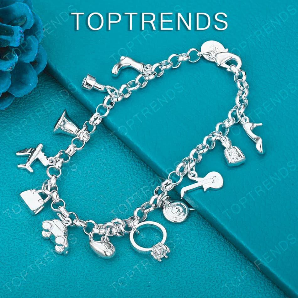 Bracciale in Argento Sterling 925 con Ciondoli a Forma di Auto, Aereo, Scarpa e Borsa, Accessorio di Moda per Donna, Regalo per Compleanno, Matrimonio o Festa