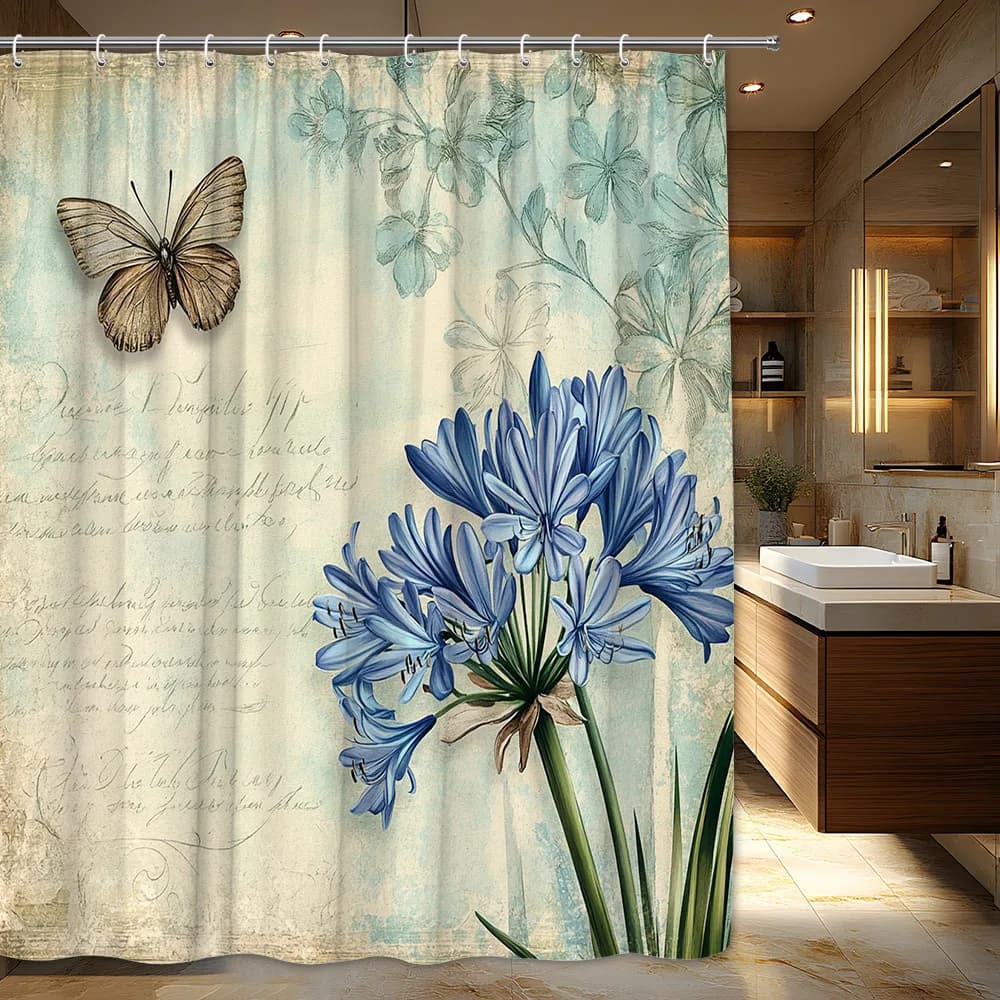 Tenda da doccia floreale shabby chic da 1 pezzo - Farfalla e giacinto, scritta scritta a mano, poliestere, arredamento bagno vintage