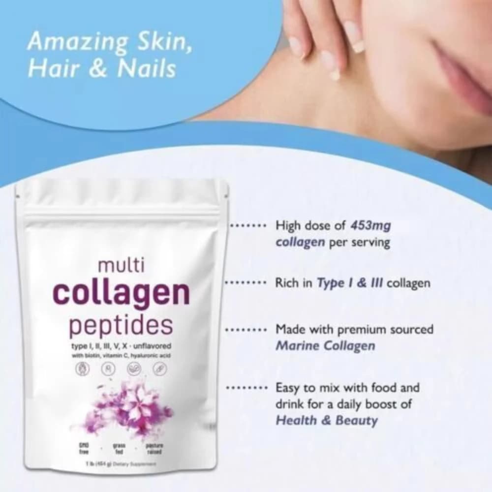 454 g multi collagen protein peptide powder (type I, II, III, V, X) with biotin 10000 mcg, vitamin C, reduces thin lines and tightens the ski