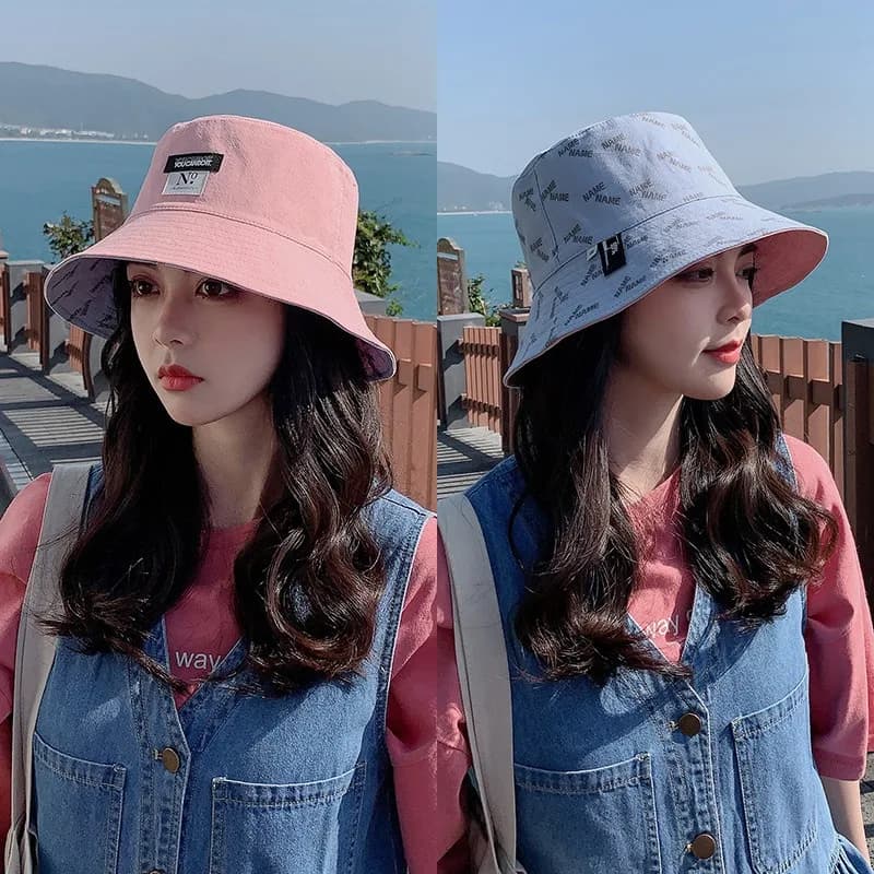 Double Face Women's Summer Hat with Wide Tense Print Fordable Panama Fishermen Cap Beach Hats for Outdoor Travel