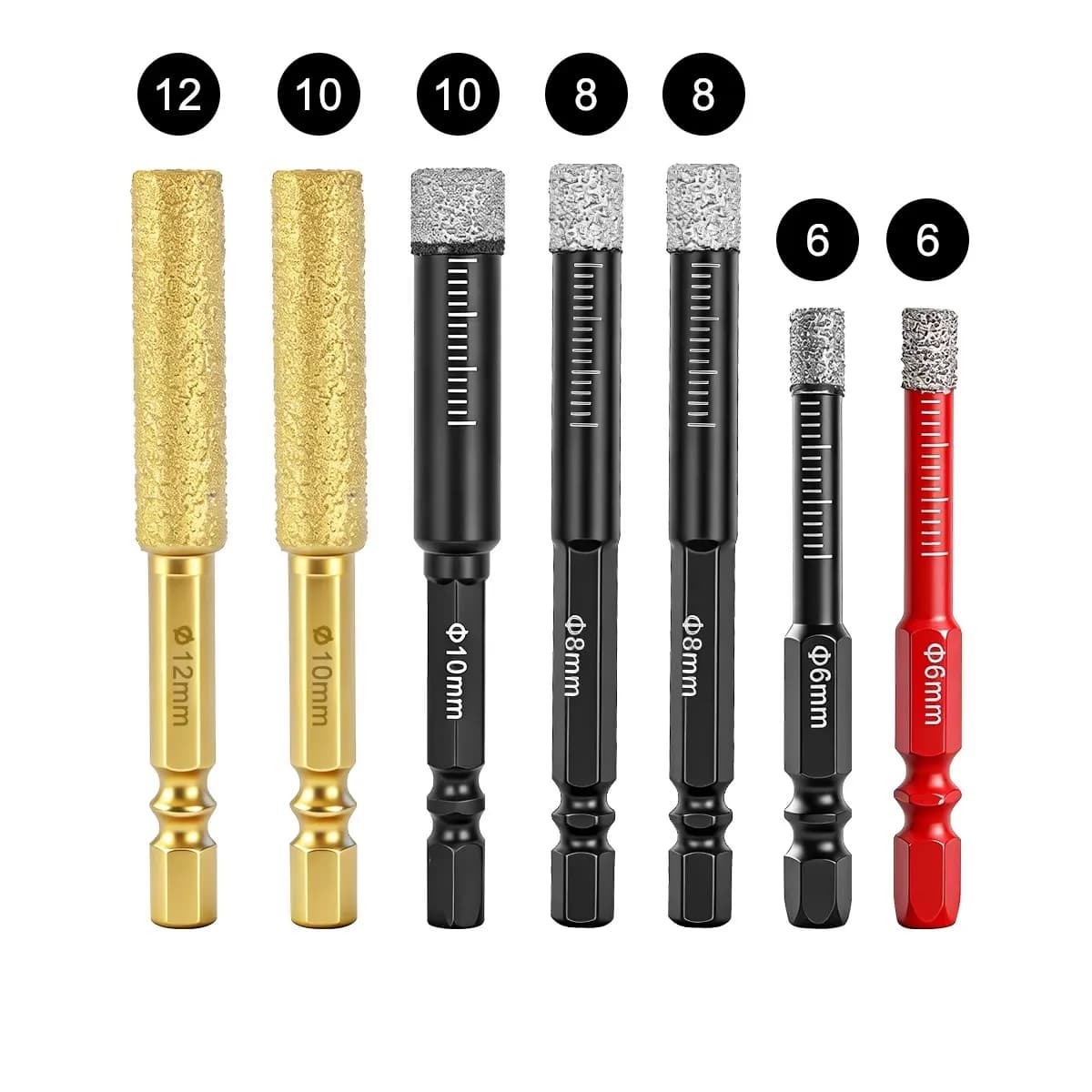 Set di punte diamantate a secco brasate da 7 pezzi, apri-foro con gambo esagonale da 6/8/10/12mm per foratura di piastrelle, pietra e granito