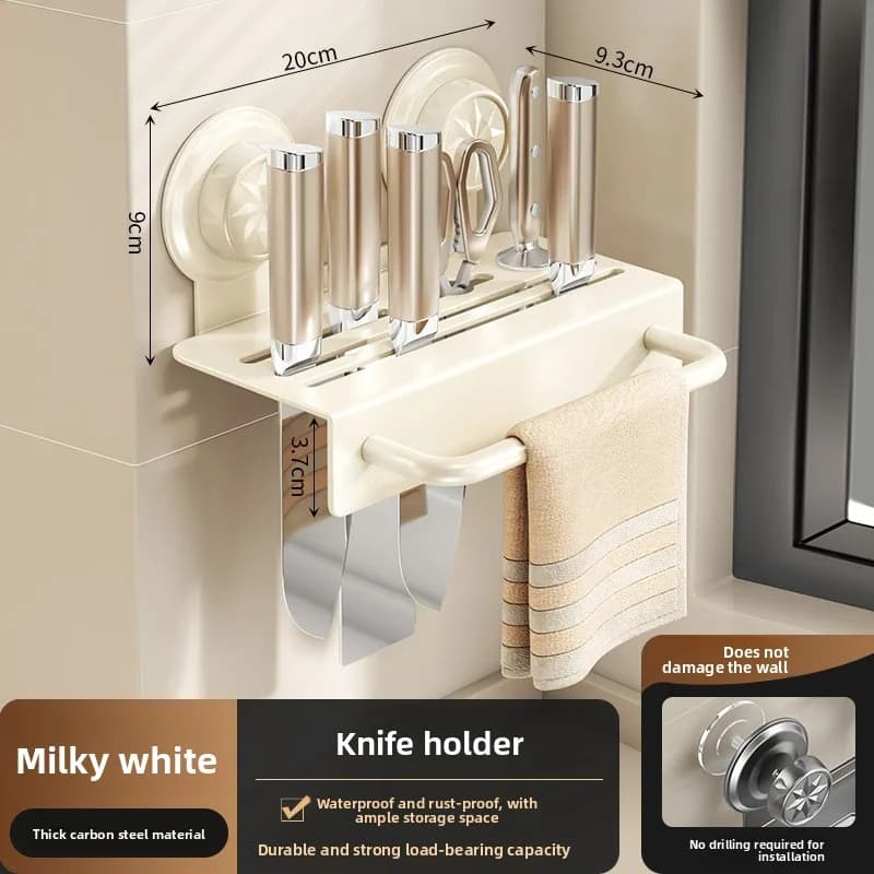 Suction Cup Wall Knife Storage Rack Punch‑Free Removable Kitchen Organizer with Side Hooks for Knives Chopsticks Forks