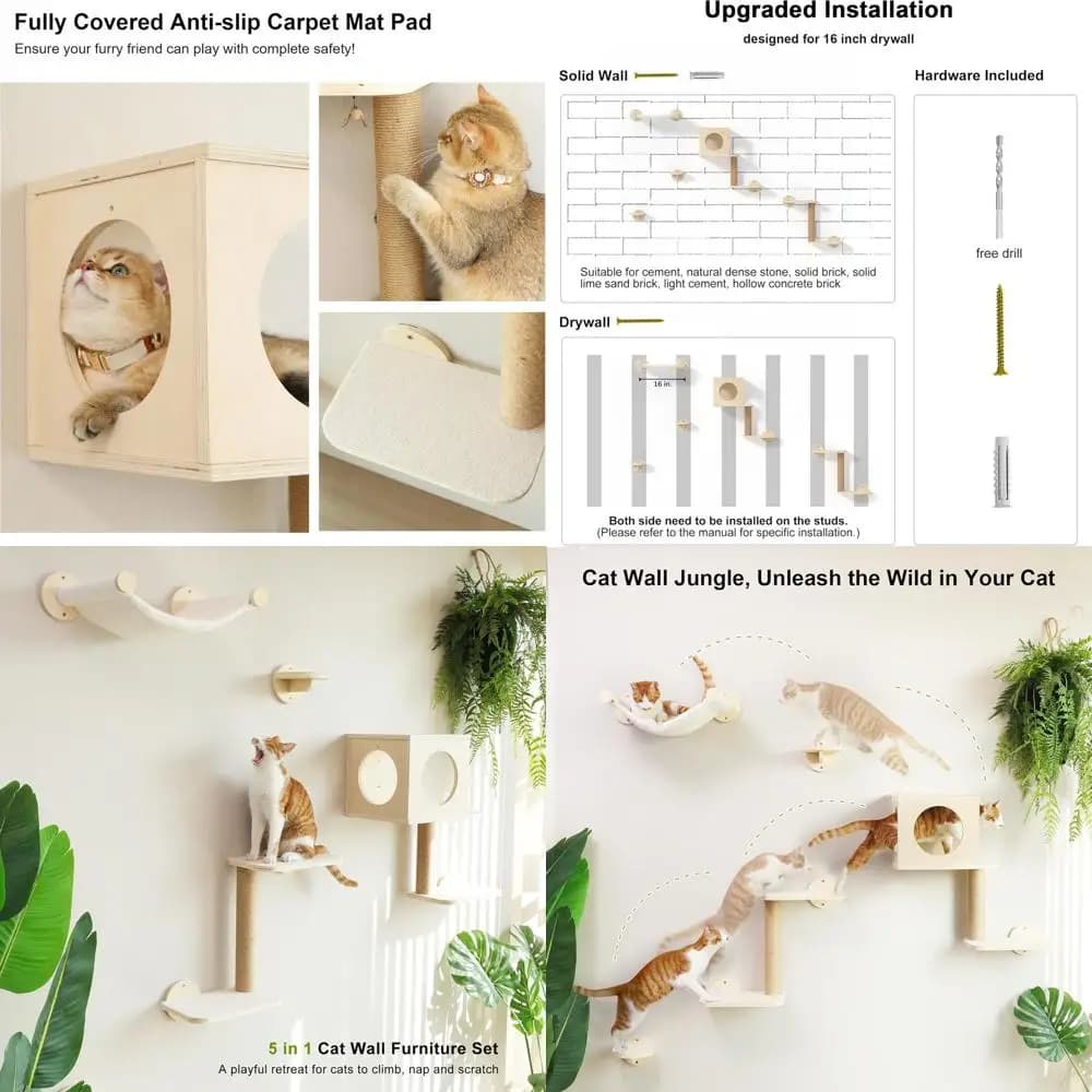 UKUMARUCatWallShelves, set di mobili da parete in legno da 5 pezzi, KittyClimber con amaca, casa, gradini, tiragraffi (beige)