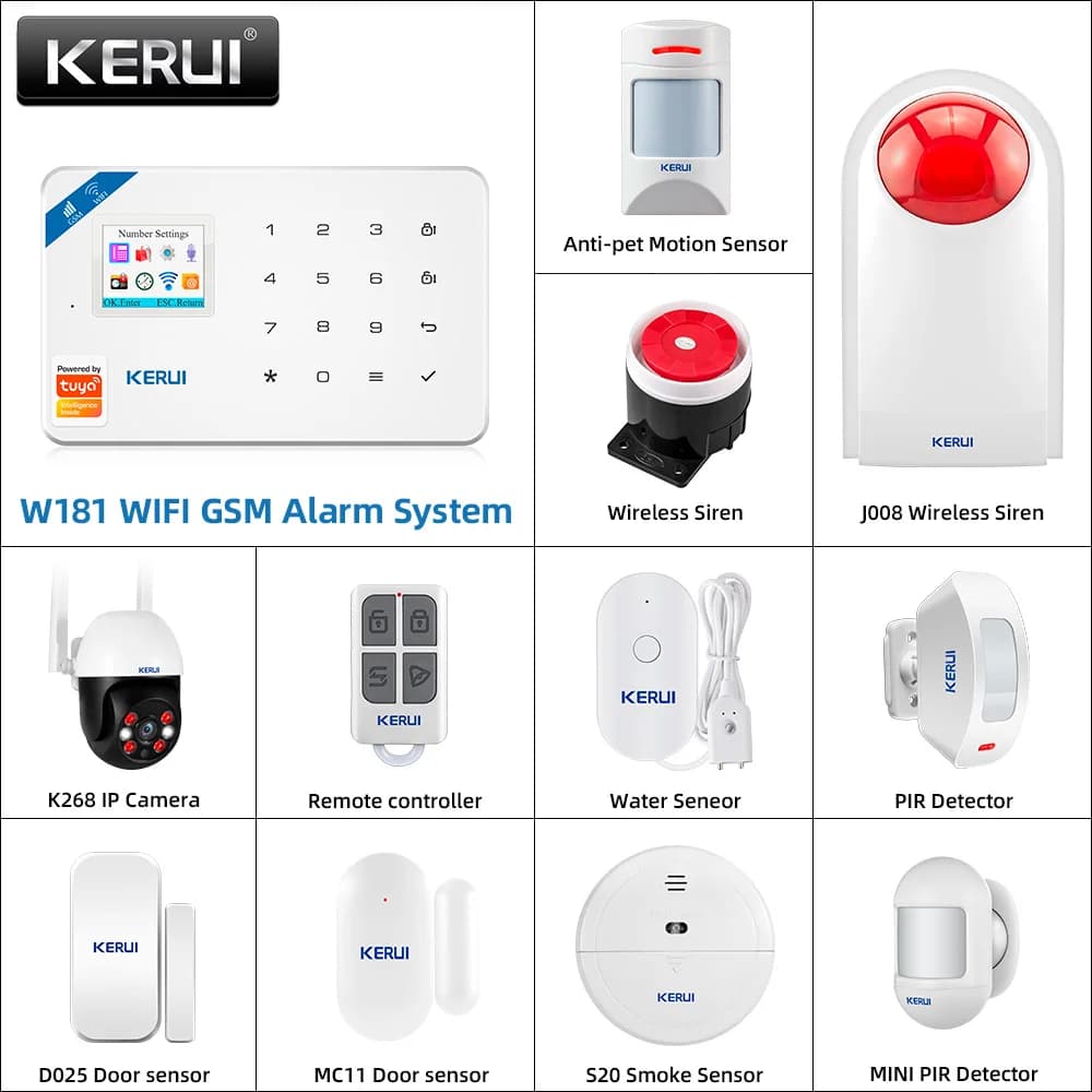 KERUI W181 Pannello sistema di allarme WIFI Allarme GSM per supporto wireless domestico Alexa Tuya Smart APP Controllo con sensore di movimento Sirena