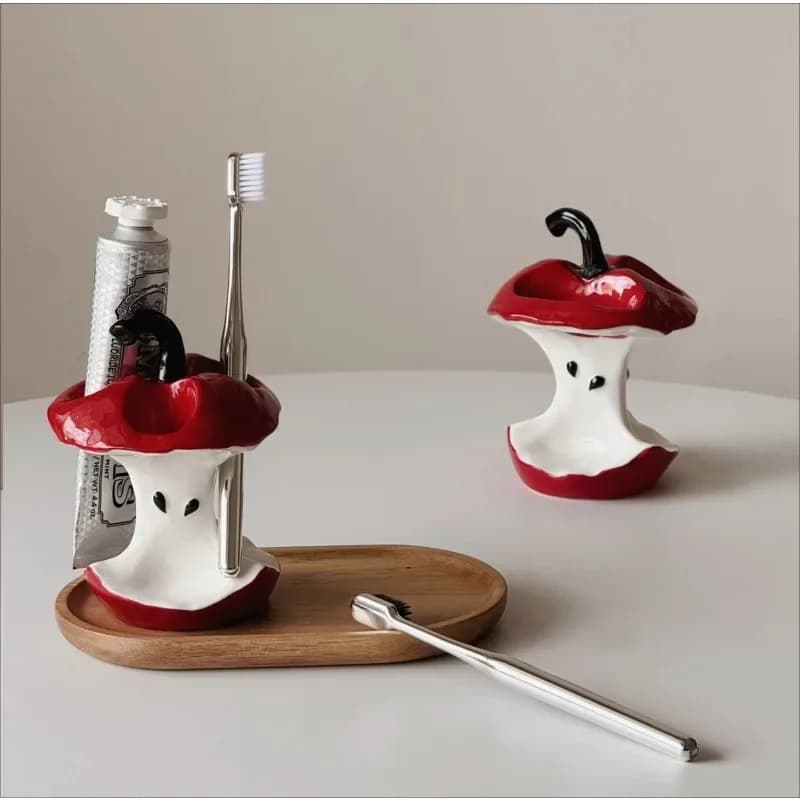 Porta spazzolino in ceramica Portaoggetti creativo per dentifricio a forma di nucleo di mela Portaoggetti per pennelli per trucco Accessori per il bagno