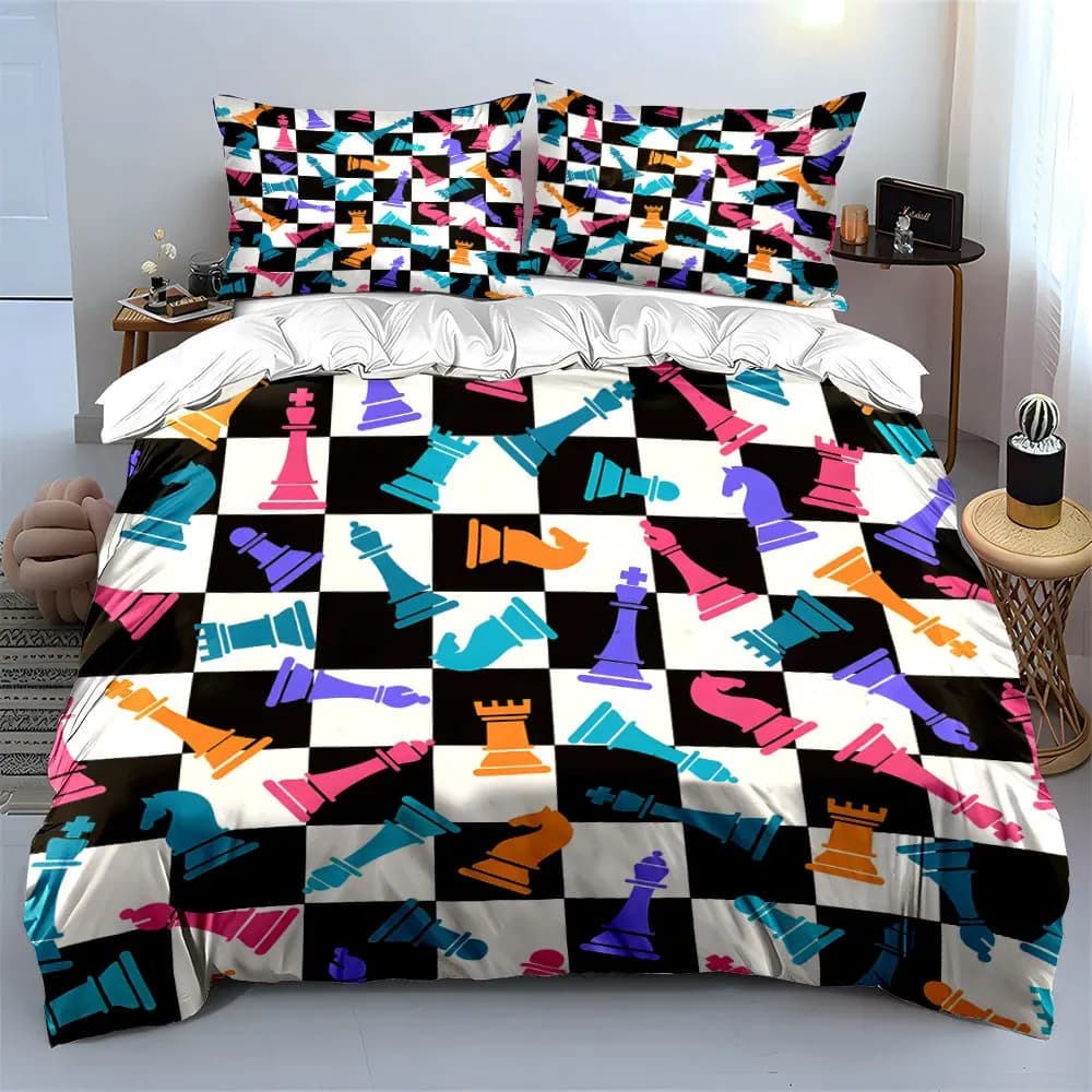 Scacchiera con pezzi colorati, stampa su tessuto morbido e confortevole, set di biancheria da letto con copripiumino incluso: 1 copripiumino, 2 federe.