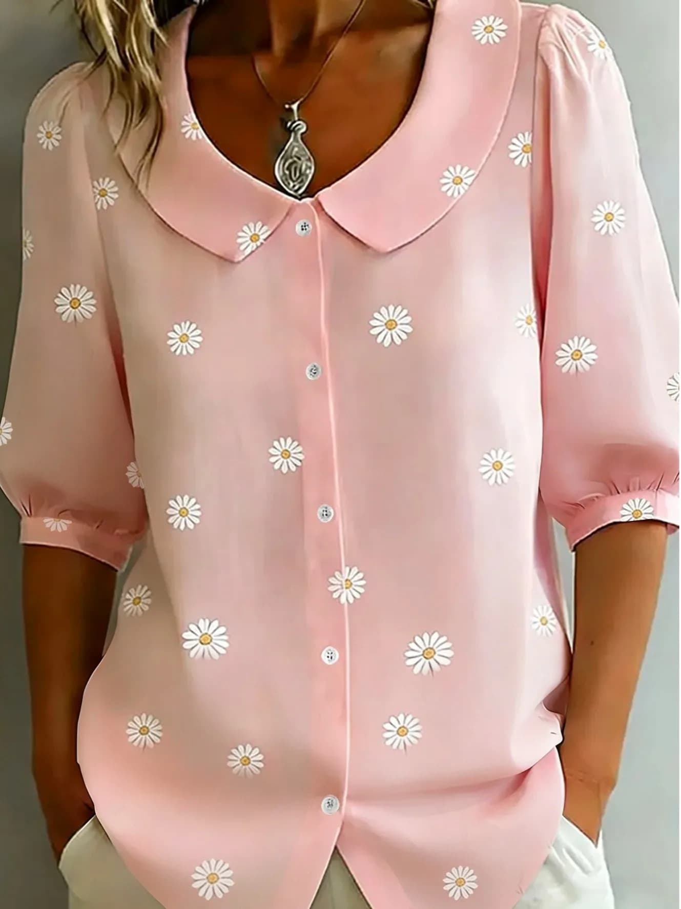 Nuova Moda Estiva: Camicia Casual da Donna con Colletto a Bambola, Stampa, Bottone Singolo e Maniche a Cinque Quarti in Fibra di Poliestere