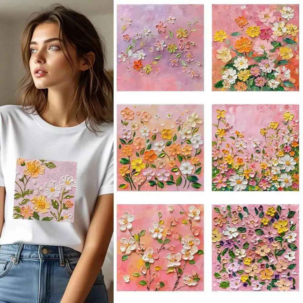25CM Fashion Oil Painting Flower Heat Transfer Patches For Clothes DIY A-Level Washable Shirt Iron-on Thermal Sticker