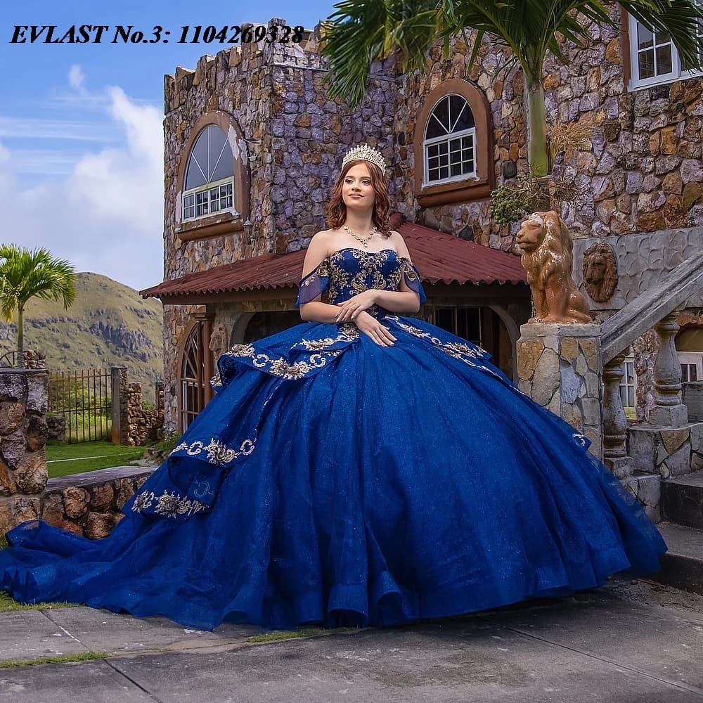 EVLAST Personalizzato Glitter Blu Navy Abito Quinceanera Abito di Sfera Oro Applique di Pizzo Che Borda Dolce 16 Abiti Da 15 Anos E3Q743