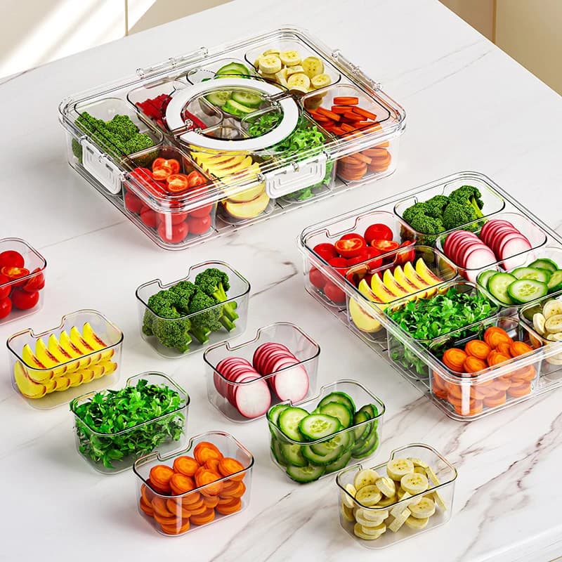 Transparent Divided Food Storage Container With 8 Grids Leakproof Airtight Sealed Fridge Organizer Box With Lid And Handle