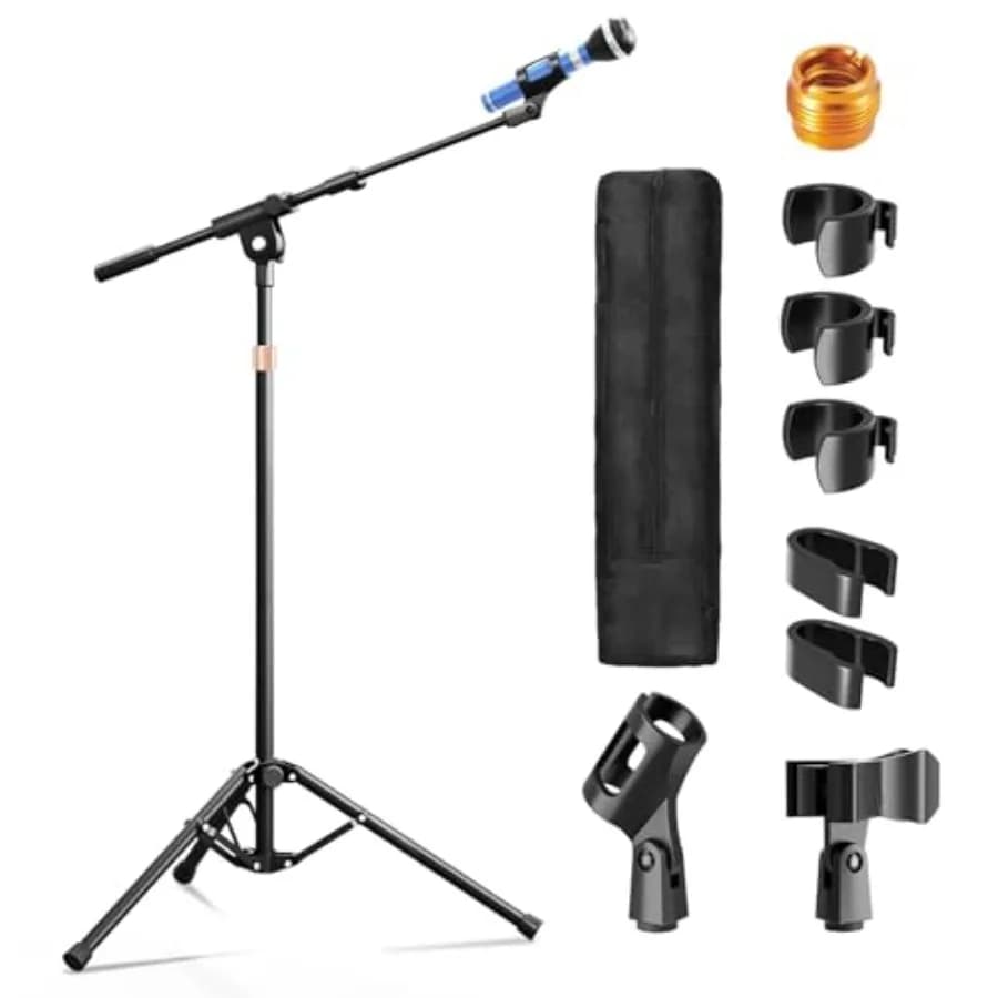 Mic Stand with Boom Arm, Heavy Duty Tripod Microphone Stand Floor Holder Height Adjustable with Carrying Bag and 2 Mics Clips f