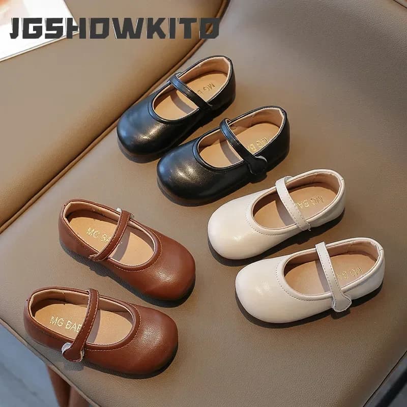 JGSHOWKITO Girls Casual Shoes Shallow Versatile Soft Breathable Simple Non-slip Fashion Children Leather Flats Princess Black