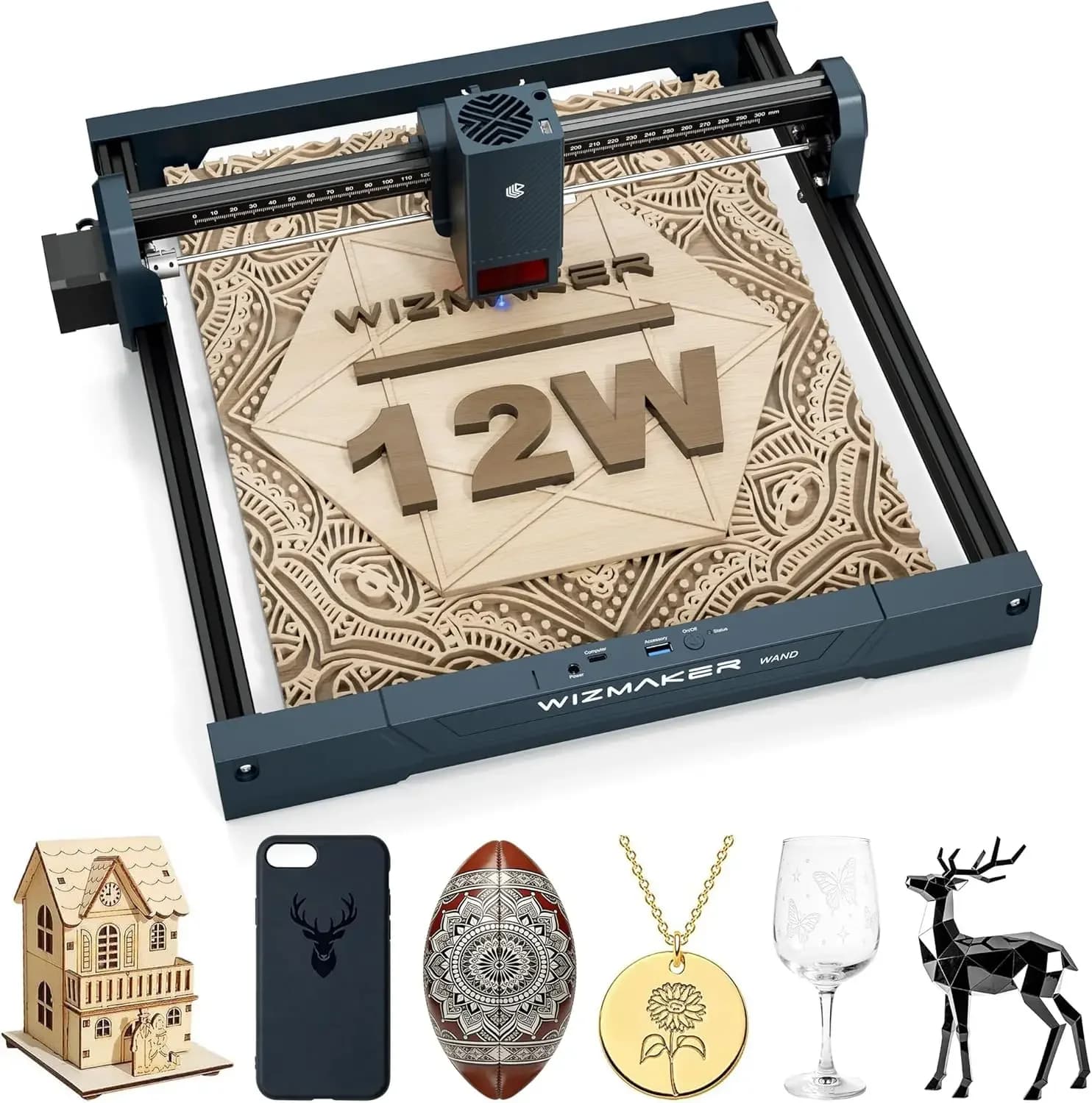 WIZMAKER Macchina per Incisione Laser 12W, Macchina per Intaglio Portatile, Area di Incisione 300x300mm, Produzione Fai-da-Te ad Alta Precisione 0,1mm, Adatta per