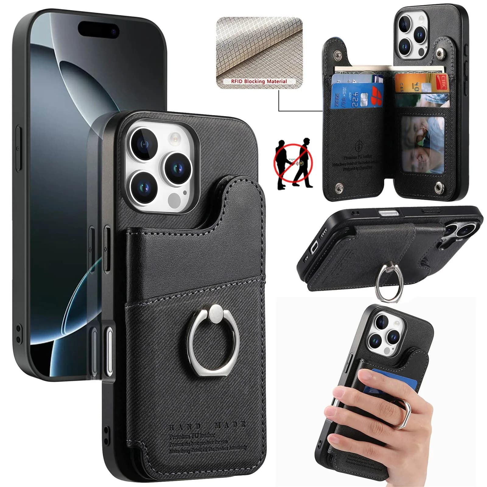 Custodia per telefono a portafoglio in pelle RFID con supporto ad anello per iPhone 17 Air 16e 16 15 14 Plus 13 12 11 Pro Max Cover con tasca per carte