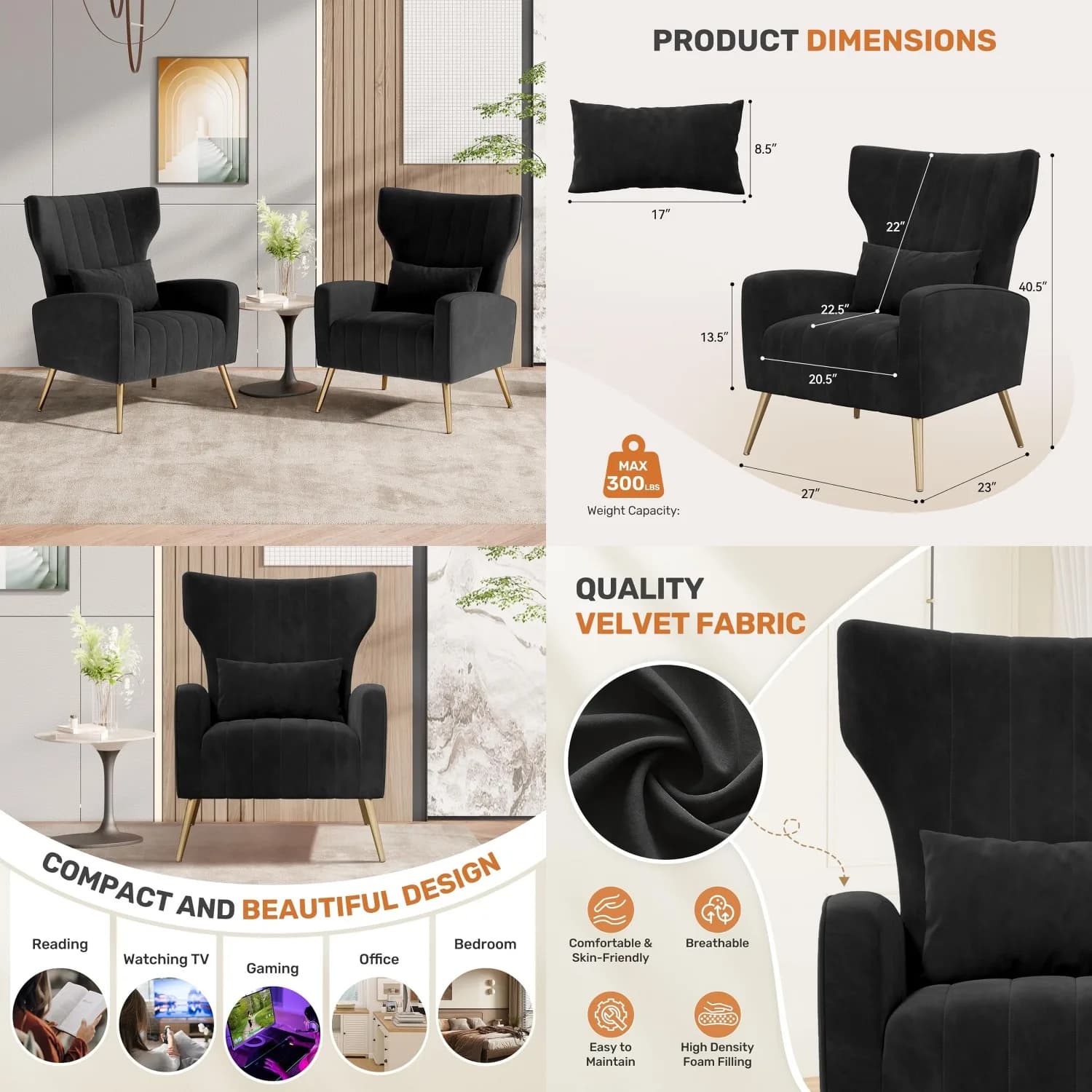 Set di 2 Poltrone in Velluto con Schienale Alto, Cuscino Lombare e Gambe Dorate, per Camera da Letto, Nero, Personalizzabile