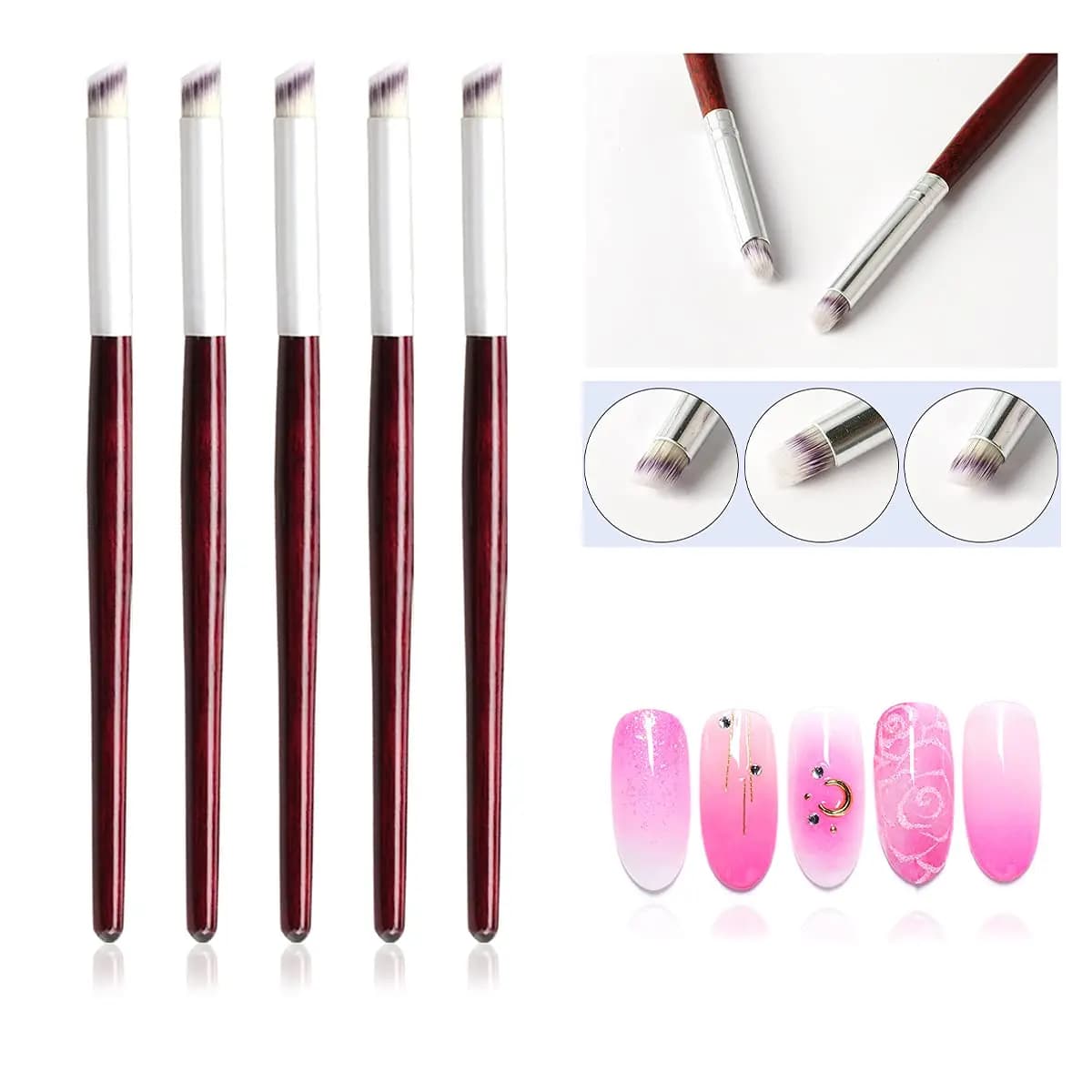 Set di 1/2/3/5 Pennelli per Unghie con Manico in Legno, Strumento per Sfumature e Pittura per Nail Art in Acrilico e Gel