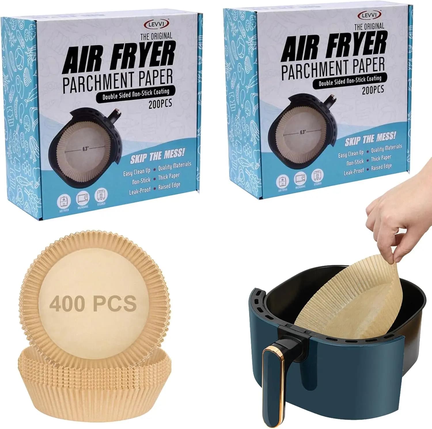 Carta da forno usa e getta per friggitrice ad aria, 400 pezzi, carta antiaderente per friggitrice ad aria, resistente all'olio e all'acqua, in carta pergamena naturale per alimenti.