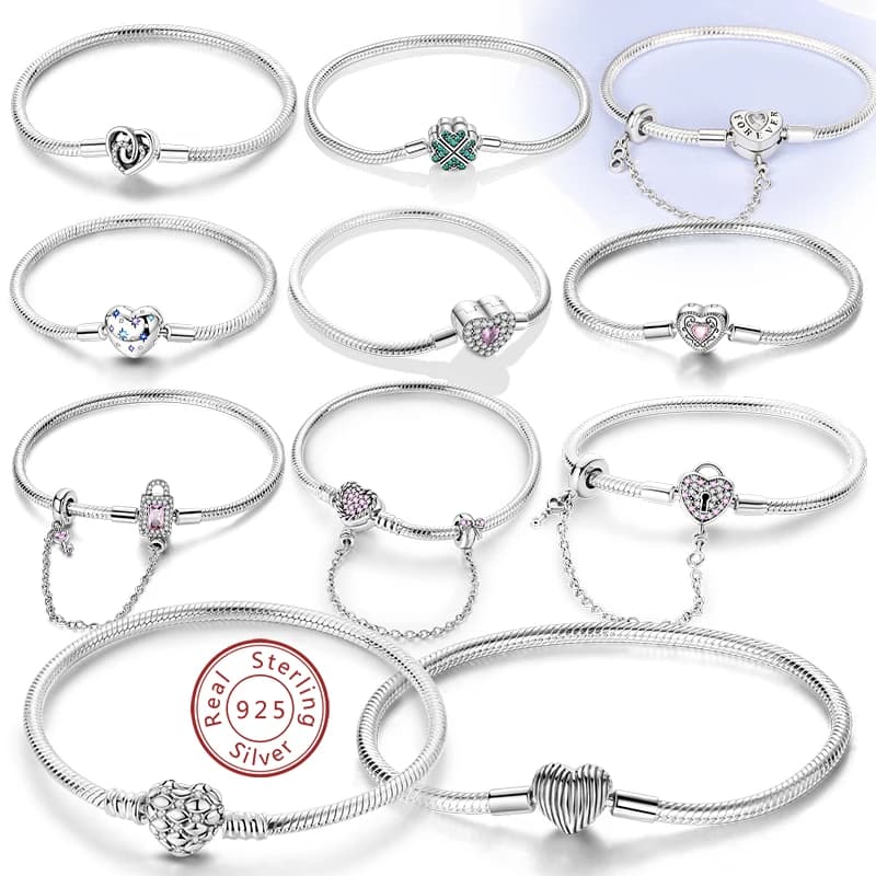 New 925 Sterling Silver Heart-shaped bracelet with zircons and snake chain for woman, fashionable birthday gift.
