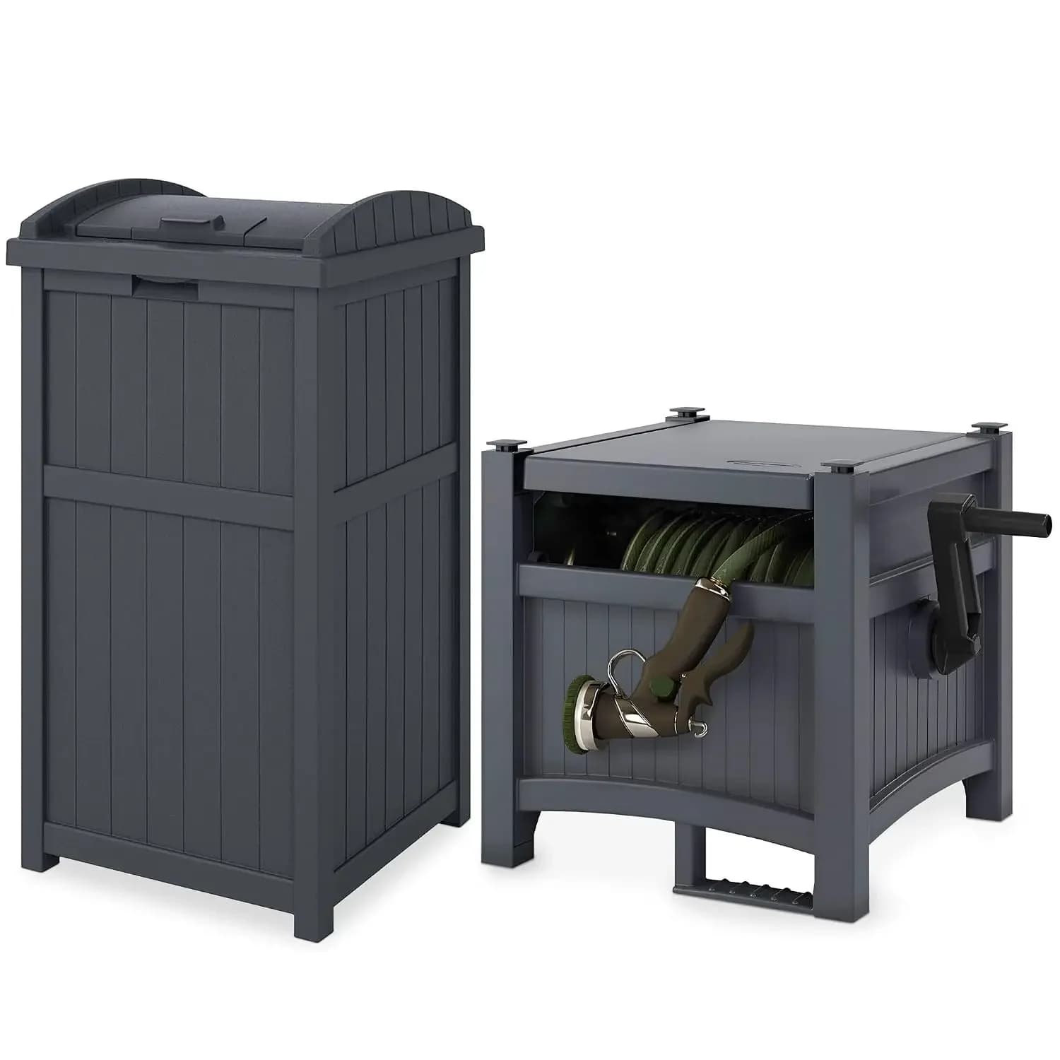 100' Resin Garden Hose Reel & Hideaway Outdoor 33 Gal Garbage Bin, Grey