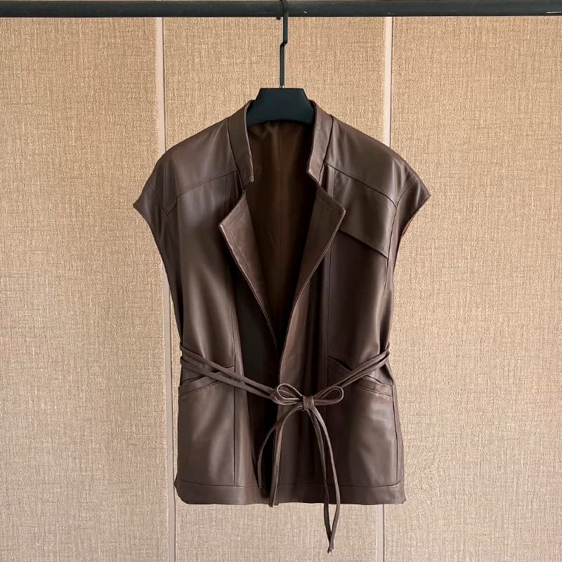 Women's Leather Waistcoat, Sheepskin Vest, Loose Lace Up Coat, Casual Sleeveless Coat with Large Pockets, Spring and Autumn