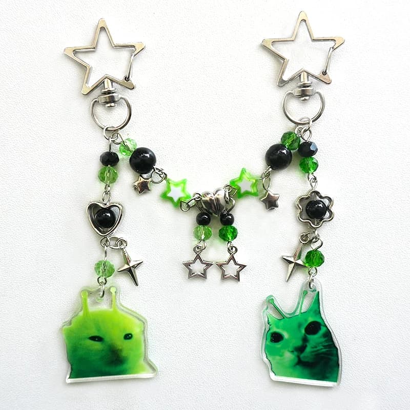 Alien Cat Keychain Y2K Green Matching Key Ring 1pcs