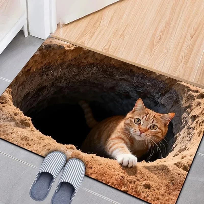 VIKAMA Zerbino con foro per gatto con illusione ottica 3D, tappeto antiscivolo per decorazioni per la casa, adatto per l'ingresso di camera da letto, bagno e cucina