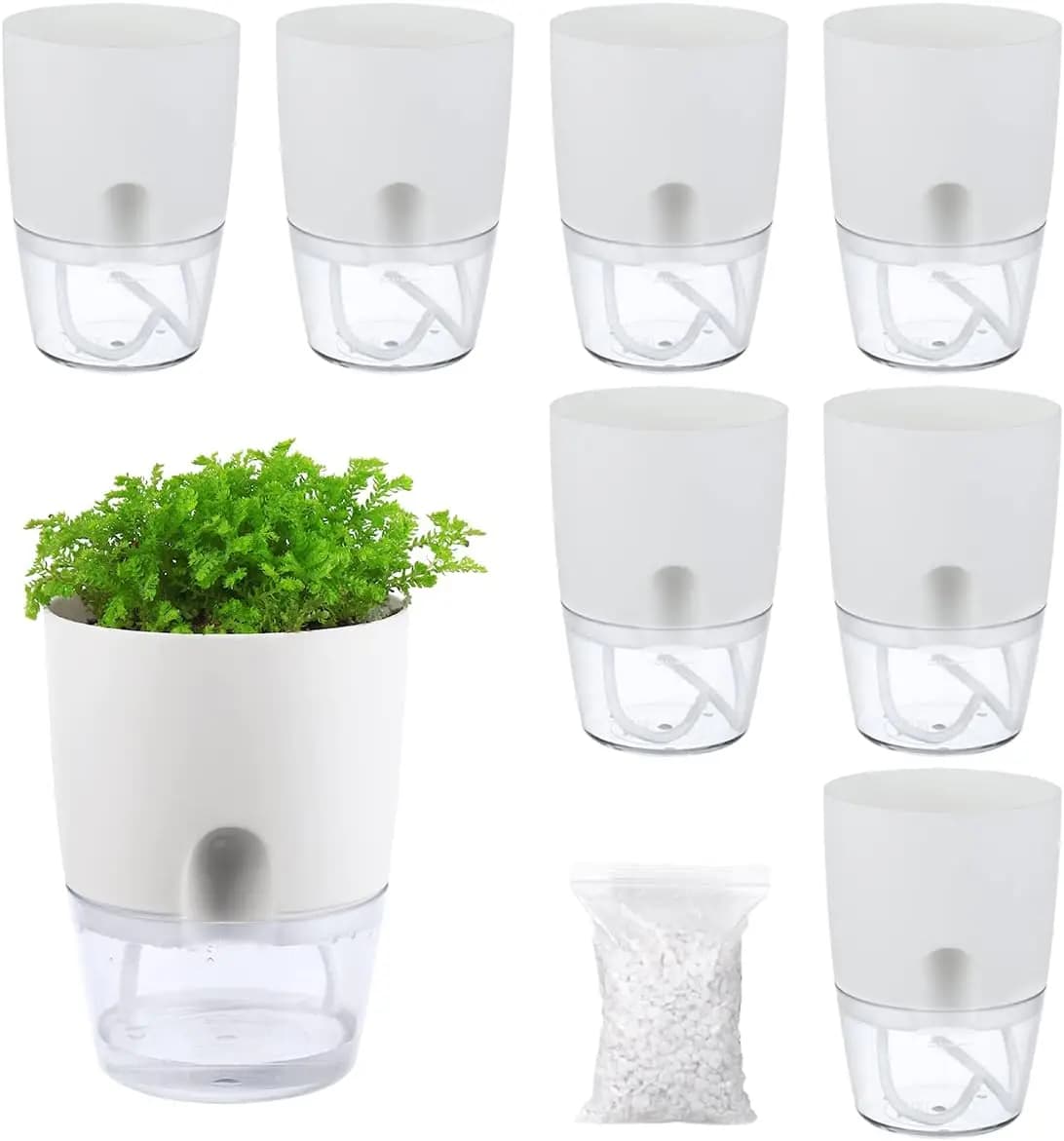Set di 8 Vasi Autoirriganti per Piante da Interno, Fioriere in Plastica da 3,2 Pollici con Corda di Irrigazione e Fori di Drenaggio, Bianchi