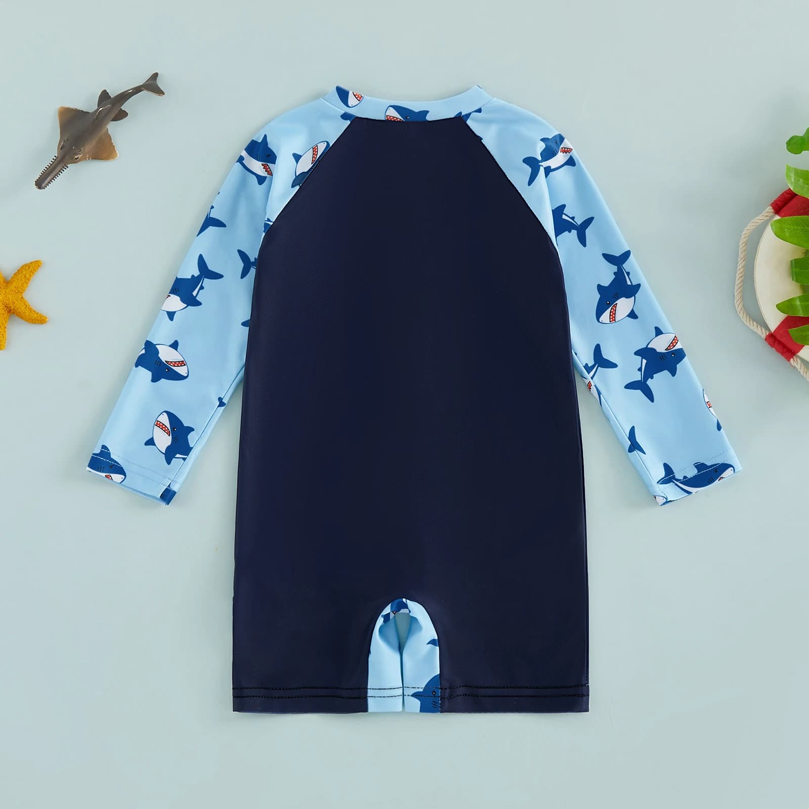Toddler Baby Boy Rash Guard Swimsuit Shark Print Zip Up Long Sleeve Crew Neck Swimwear