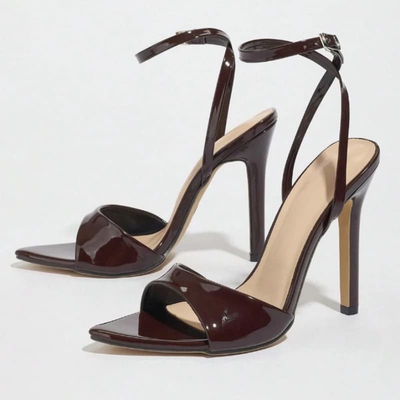 Coffee Patent Leather Heeled Sandals Women Fashion Pointed Toe Ankle Buckle Brand Designer Shoes Sexy Open Toe Zapatos De Mujer