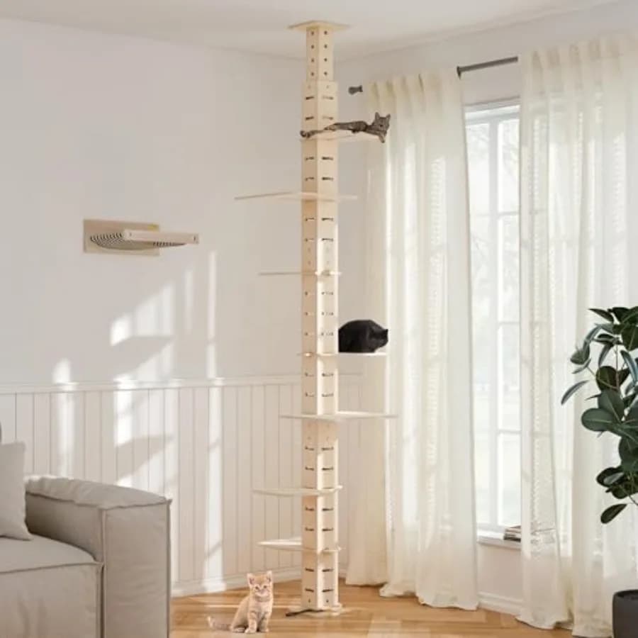 Albero per Gatti da Pavimento a Soffitto per Gatti Grandi con Piattaforme Antiscivolo, Palo da Arrampicata a 7 Livelli, Altezza Regolabile 98-114 Pollici