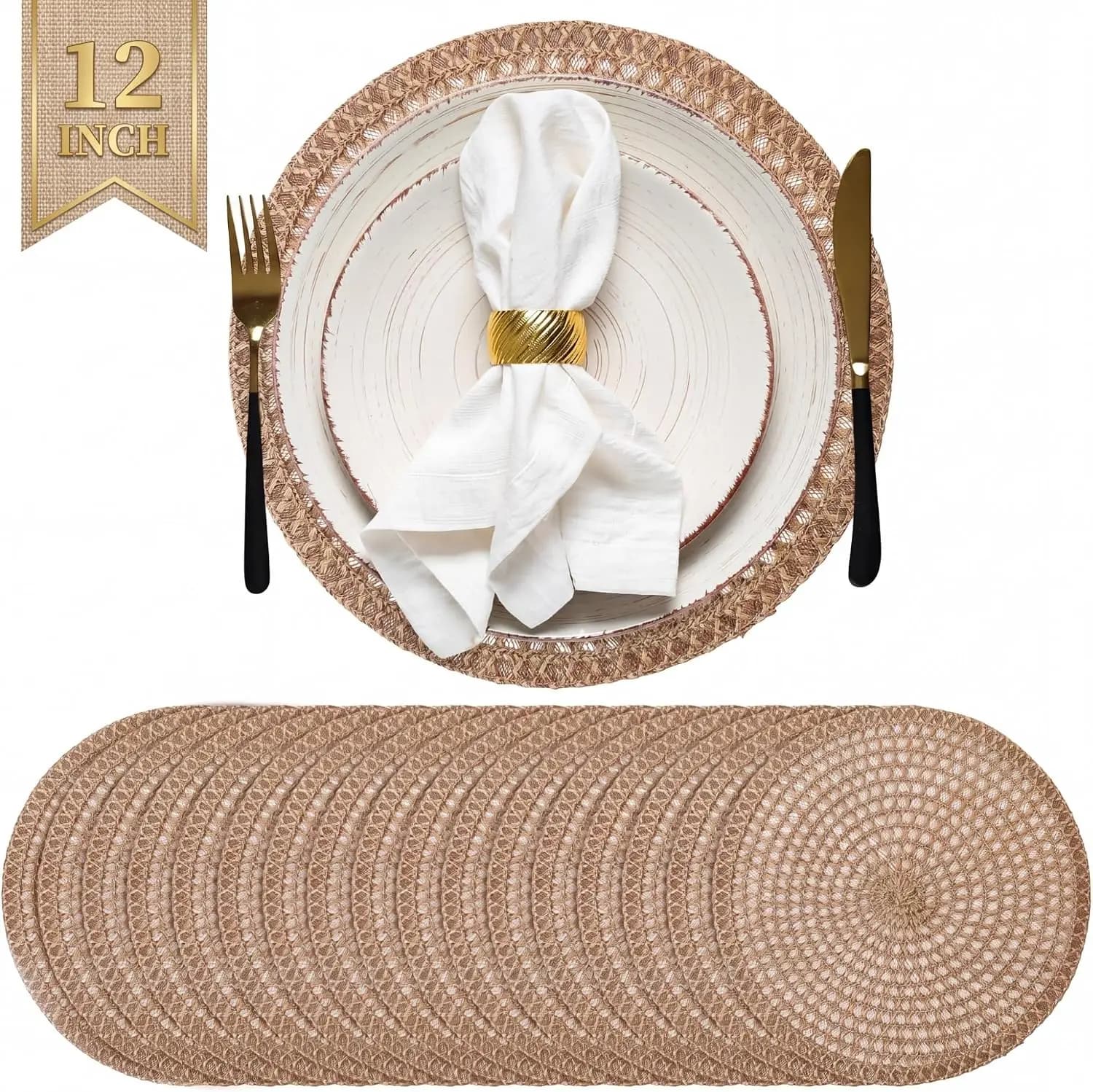 24 Pcs 12" Round Burlap Placemats, Boho Jute Woven Chargers, Rustic Heat Resistant Table Mats for Home Wedding Party