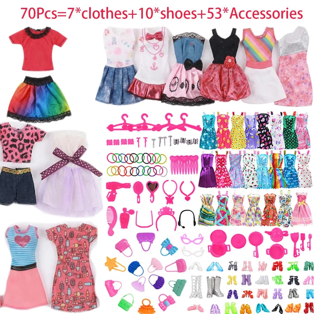 70 pezzi accessori per bambole = 7 * vestiti + 10 * scarpe + 53 * accessori abiti utensili da cucina pettine borsa collana per accessori per bambole da 30 cm regali
