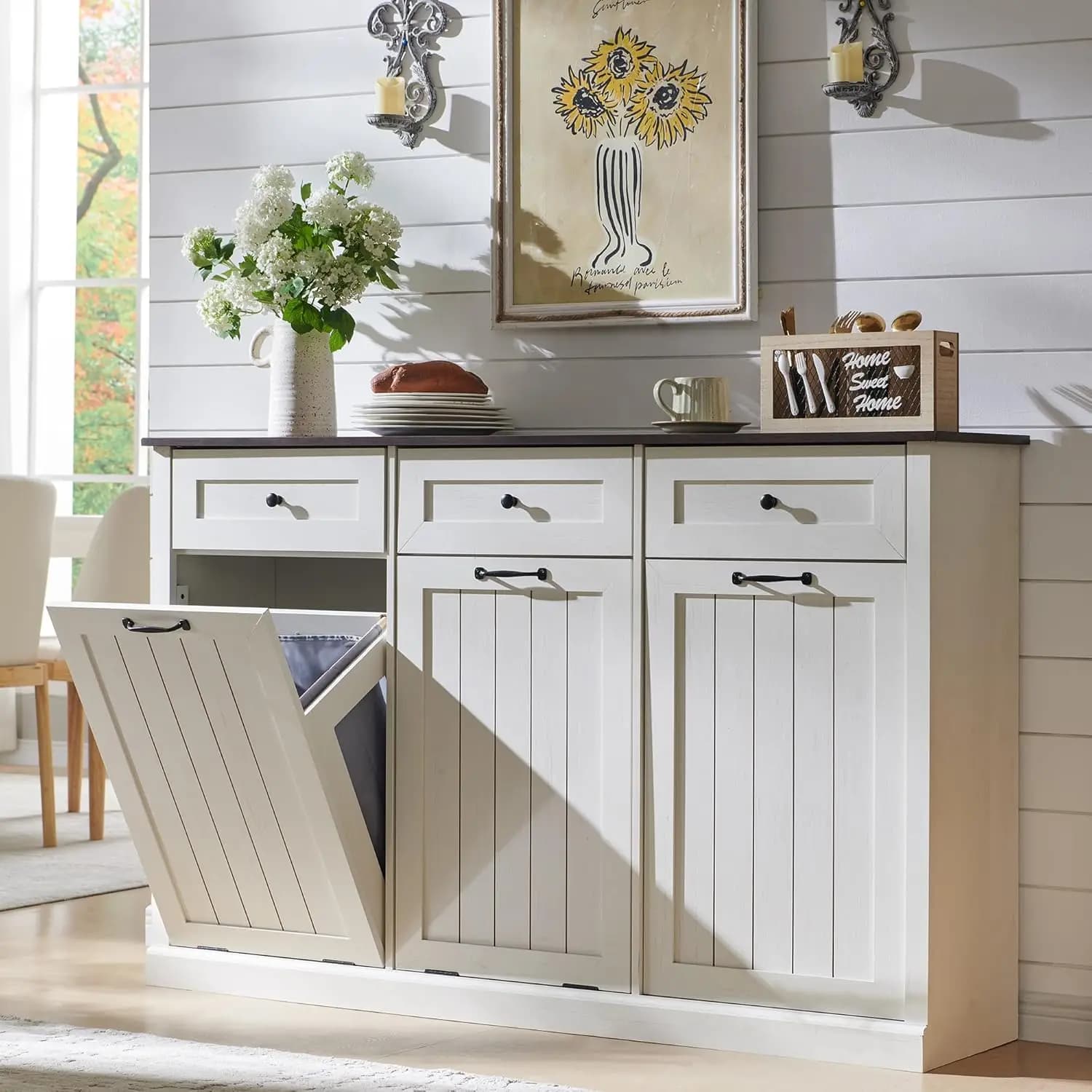 Triple Tilt Out Trash Cabinet Wood Antique White Hidden Recycling Bin Kitchen Laundry Garage Dual Storage Drawer Customized