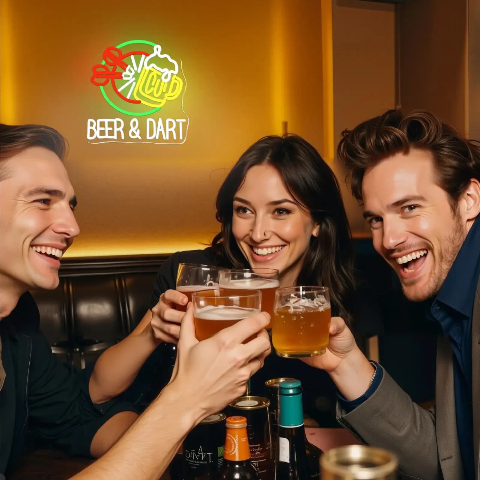 Insegna al neon Beer & Dart – Lampada da parete divertente da bar con decorazione di design per freccette e tazze da birra per sala giochi, pub o grotta d'uomo