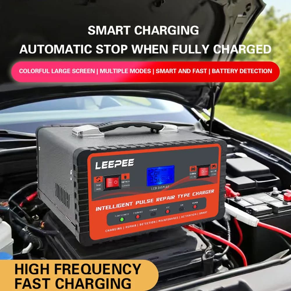 Intelligent Impulse Car Charger with EU/US Plug, 12V 24V 300Ah, for Auto, SUV, Moto, Truck, with Digital LCD Display
