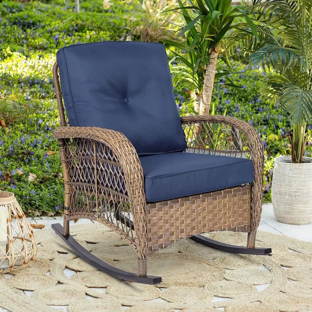 Navy Blue Weather-Resistant Outdoor Wicker Rocking Chair with Plush Cushions for Patio and Garden