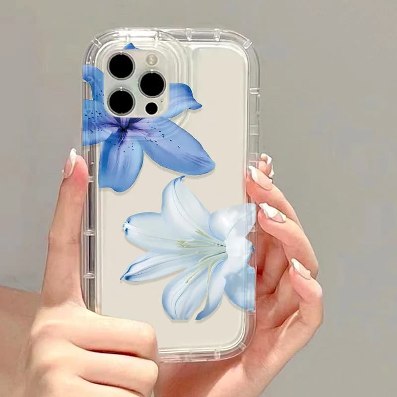 Transparent phone case for iPhone 16 Pro 17 11 13 15 12 14 Pro Max 17 Air 16E XR 7 8 Plus SE 2022 Shockproof cover blue lily flower