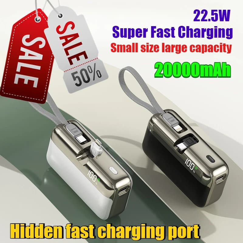 Power Bank da 10000mAh con Ricarica Rapida 22.5W, Caricabatterie Portatile Mini Capsula 3C con Cavo Integrato