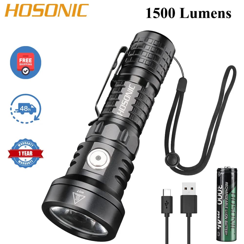 HOSONIC EC12 1500LM Pocket Flashlight Type-C Rechargeable 18650 Torch Outdoor Waterproof Camping Light Emergency Powerful